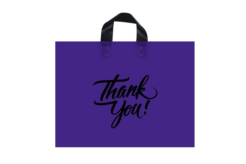 Infinite Pack Large Black 20" x 15"(60pcs) Thank You Merchandise Bag w/Loop Handle, Glossy Boutique Bags w/3" Bottom Gusset & 3 Mil Thick, For Clothing-Shopping-Business-Grocery & More - Image 1