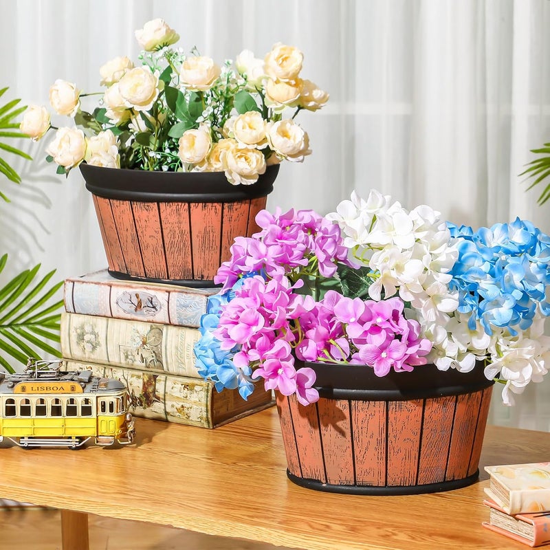 Layhit 6 Pcs Wall Hanging Planters Outdoor Pot Planter Wine Barrel Planter Distressed Oak Thickened Plastic Water Storage Flower Pots for Plants Flower Indoor Outdoor Railing (13.78 Inches,Brown) - Image 2