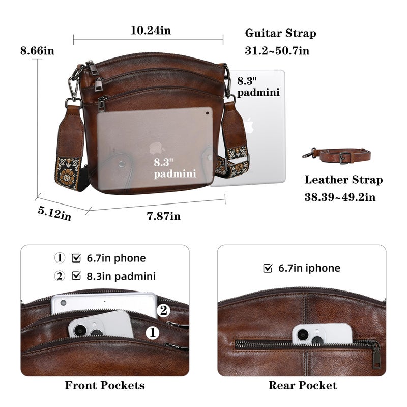 HESHE Leather Crossbody Bags for Women Multi Pockets Functional Shoulder Handbags with Adjustable Strap Medium Size Travel Purse (Coffee) - Image 4