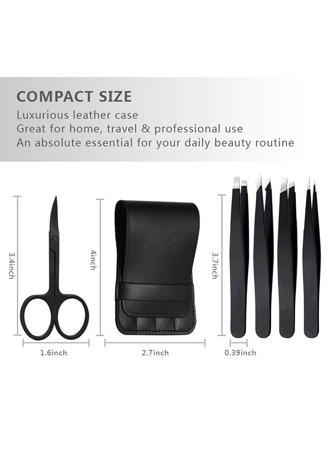 Quantum 5 PCS Stainless Steel Tweezers Set, Professional Stainless Steel Tweezers For Eyebrows, Beauty Stainless Steel Eyebrow Clip Hair Removal Cosmetic Tool (Black) - Image 2