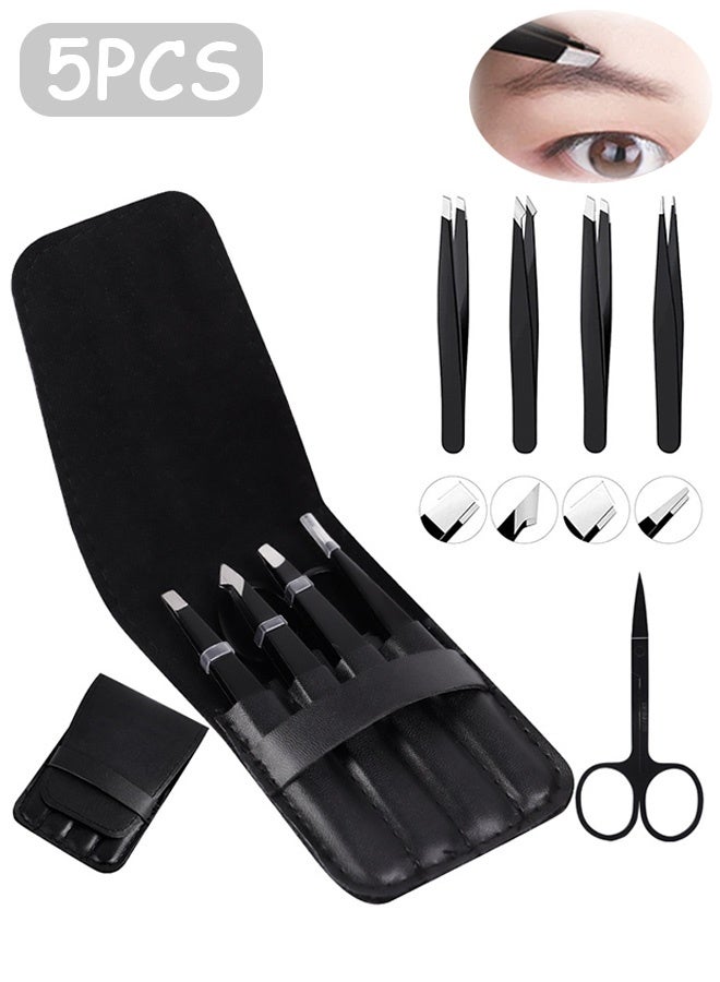 Quantum 5 PCS Stainless Steel Tweezers Set, Professional Stainless Steel Tweezers For Eyebrows, Beauty Stainless Steel Eyebrow Clip Hair Removal Cosmetic Tool (Black) - Image 1