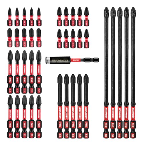 Geinxurn Impact Tough Mixed 123 Phillips D2 Steel Long Extension Insert Driver Bits 41Pack 14 Inch Hex Shank Long Cross Magnetic PH1PH2PH3 Screwdriver Bits Set with 1Pcs Magnetic Bit Holder - Image 1