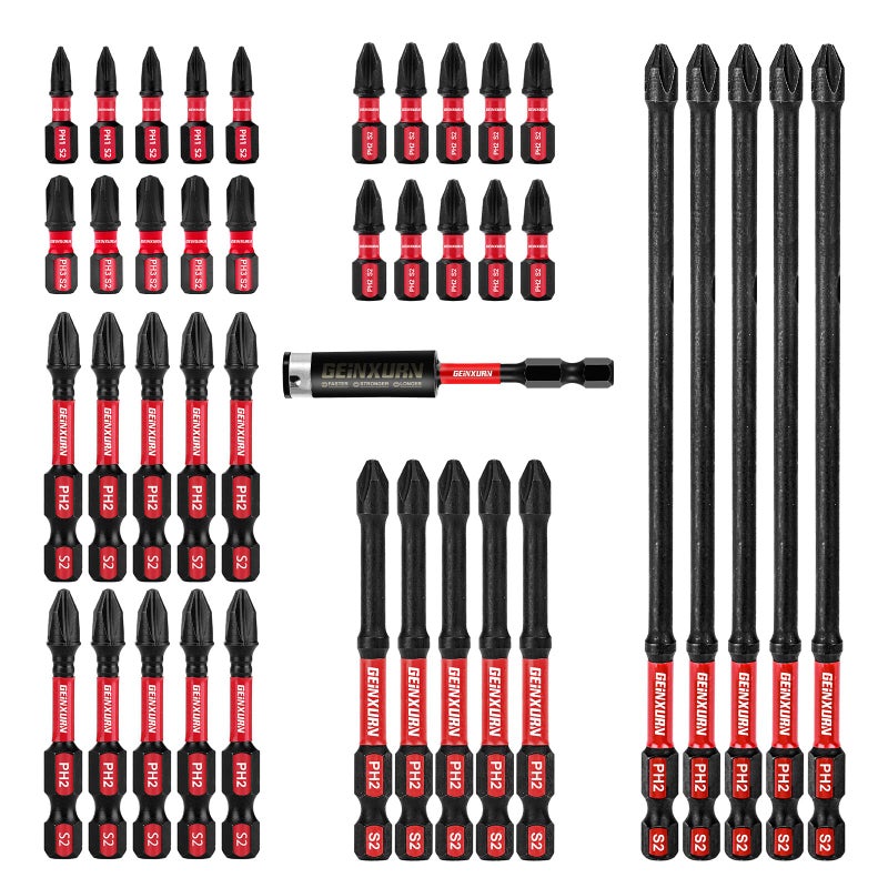 Geinxurn Impact Tough Mixed 123 Phillips D2 Steel Long Extension Insert Driver Bits 41Pack 14 Inch Hex Shank Long Cross Magnetic PH1PH2PH3 Screwdriver Bits Set with 1Pcs Magnetic Bit Holder - Image 2