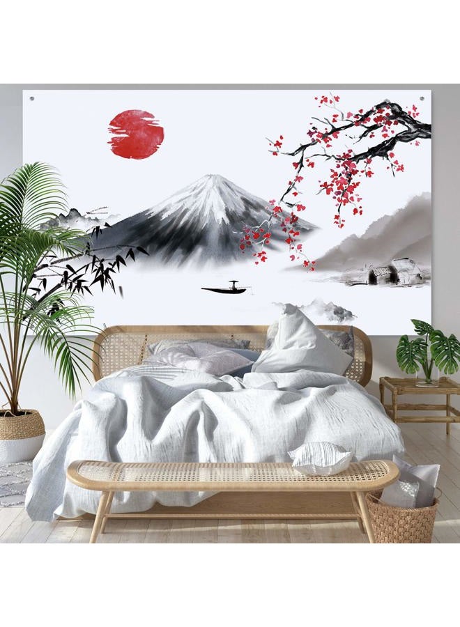 Sumind Japanese Wall Hanging Photo Banner Asian Mount Fuji Red Sun Backdrop Japanese Landscape Nature Background for Japanese Party, 72.8 x 43.3 Inch - Image 1