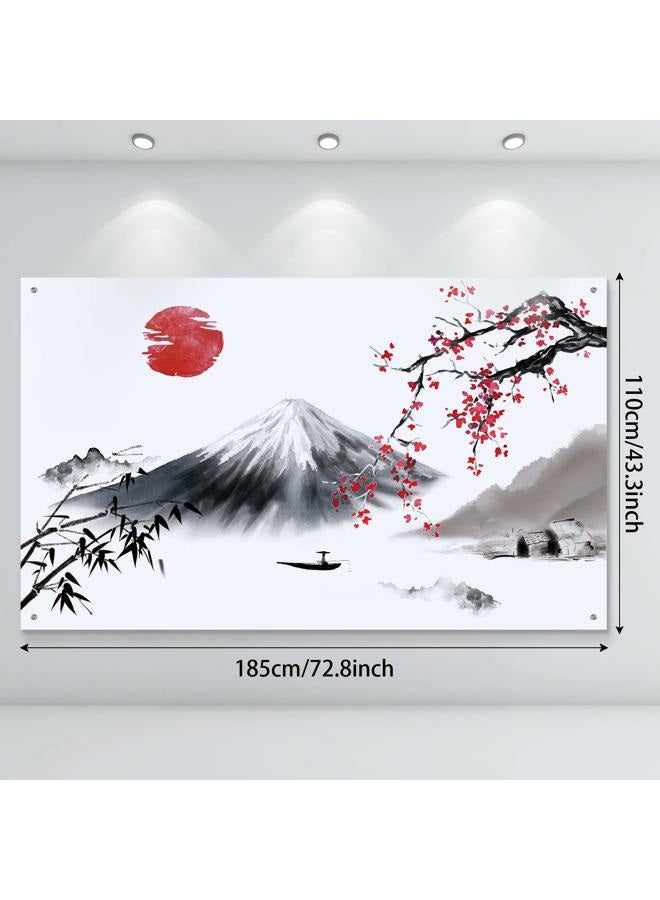 Sumind Japanese Wall Hanging Photo Banner Asian Mount Fuji Red Sun Backdrop Japanese Landscape Nature Background for Japanese Party, 72.8 x 43.3 Inch - Image 2