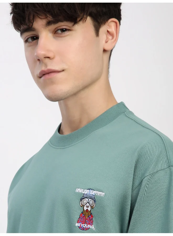Beyoung Teal Green Savage Junkie Embroidered Patch Oversized T-Shirt