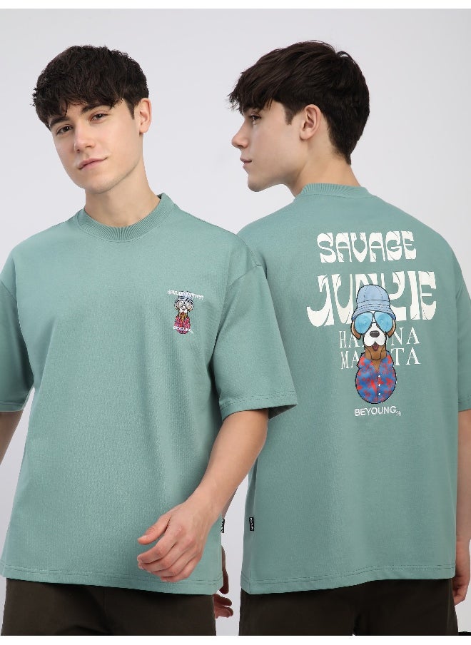 Beyoung Teal Green Savage Junkie Embroidered Patch Oversized T-Shirt  - Image 5