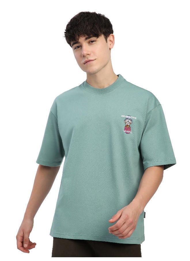 Beyoung Teal Green Savage Junkie Embroidered Patch Oversized T-Shirt  - Image 1