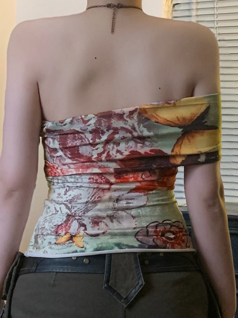 Love Cloth Forgetting Antique Butterfly Tie-Dye Print One-Shoulder Asymmetrical Strapless Top Girl Style Tight Short T-Shirt - Image 3