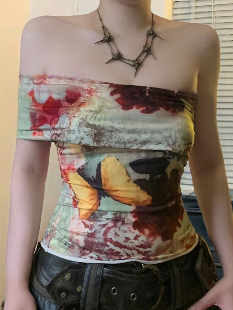 Love Cloth Forgetting Antique Butterfly Tie-Dye Print One-Shoulder Asymmetrical Strapless Top Girl Style Tight Short T-Shirt - Image 4