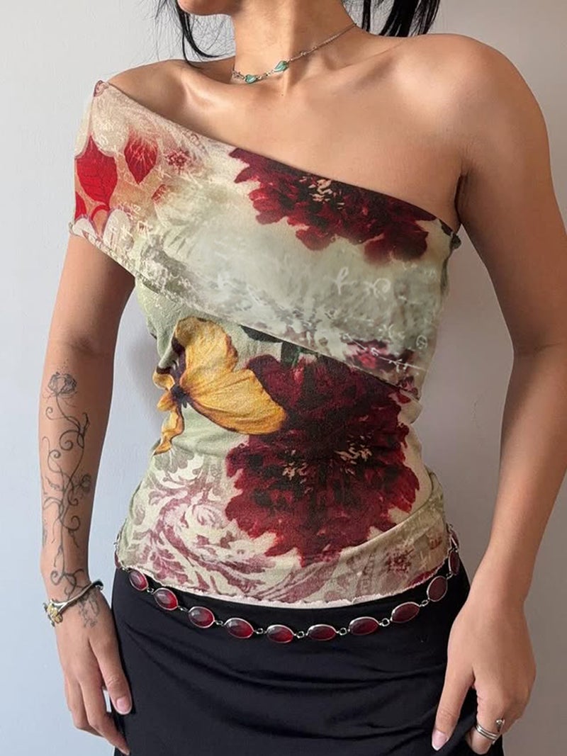 Love Cloth Forgetting Antique Butterfly Tie-Dye Print One-Shoulder Asymmetrical Strapless Top Girl Style Tight Short T-Shirt - Image 2