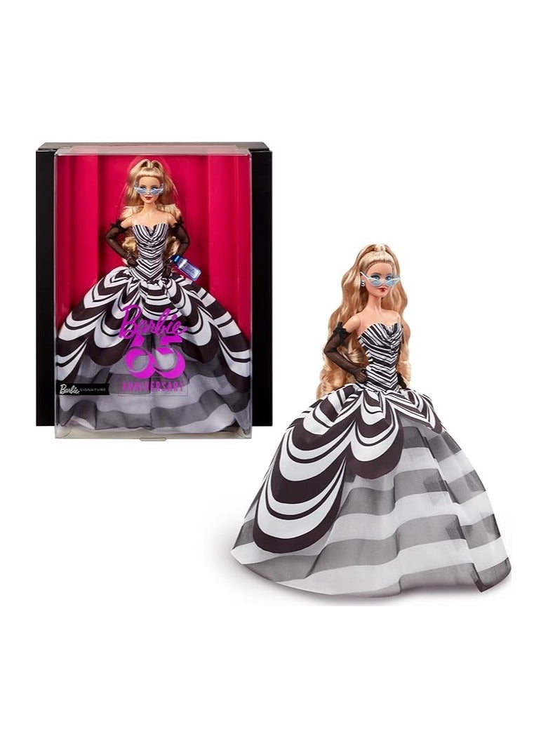 BARBIE SIGNATURE 65TH ANNIVERSARY COLLECTIBLE DOLL WITH BLONDE HAIR AND BLACK AND WHITE GOWN