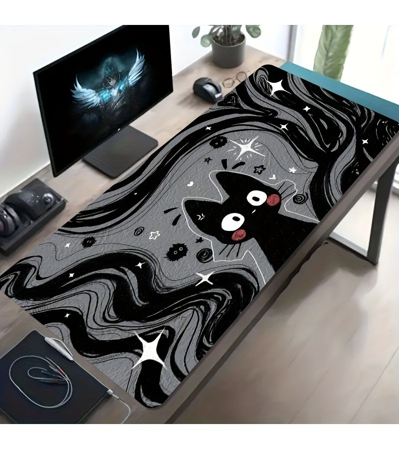 A Large Rectangular Gaming Mouse Pad 40x90cm With Black Cat And Stars Pattern Non Slip Rubber Base Washable Desk Mat Office Computer Accessory Stain Resistant Desktop Decor - Image 1