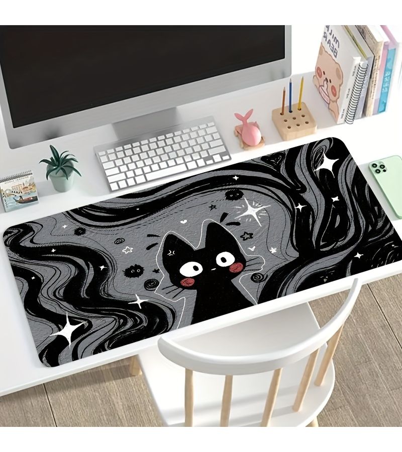 A Large Rectangular Gaming Mouse Pad 40x90cm With Black Cat And Stars Pattern Non Slip Rubber Base Washable Desk Mat Office Computer Accessory Stain Resistant Desktop Decor - Image 3
