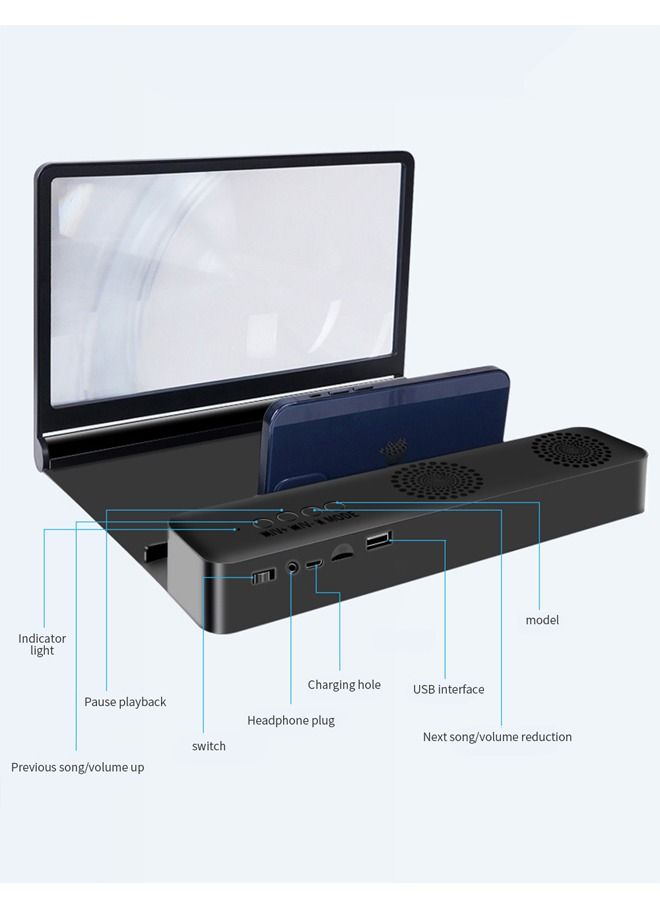 Padom 12" Phone Screen Magnifier with Bluetooth Speaker, 3D HD Mobile Phone Magnifying Screen for Movies Videos and Gaming. Fordable Phone Stand with Screen Amplifier BLACK - Image 2