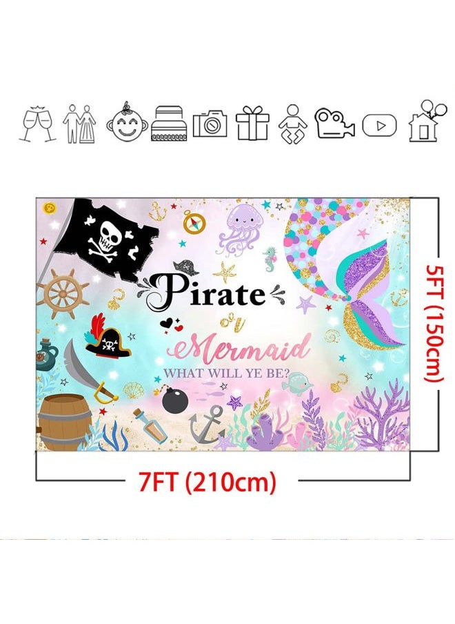 Mocsicka Mermaid or Pirate Gender Reveal Backdrop Ocean Baby Shower Sprinkle Party Decoration Under The Sea Baby Gender Reveal Party Photo Studio Background Banner (7x5ft)  - Image 5