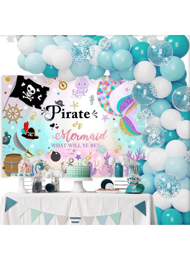 Mocsicka Mermaid or Pirate Gender Reveal Backdrop Ocean Baby Shower Sprinkle Party Decoration Under The Sea Baby Gender Reveal Party Photo Studio Background Banner (7x5ft)  - Image 3