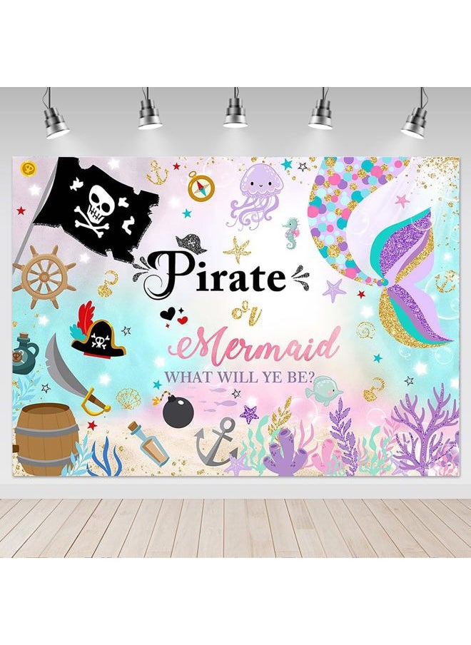 Mocsicka Mermaid or Pirate Gender Reveal Backdrop Ocean Baby Shower Sprinkle Party Decoration Under The Sea Baby Gender Reveal Party Photo Studio Background Banner (7x5ft)  - Image 1
