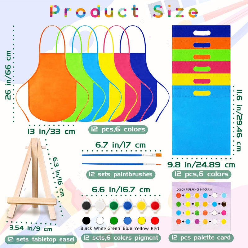 SytuHete 48Pcs 12 Sets Printed Canvas Paint Art 12 Pcs Wooden Easel Set Paint Pots And Brushes And 12 Pre Drawn Canvas Panel 12 Pcs Mini Apron And Tote Bag For Kids(Dainty) - Image 3