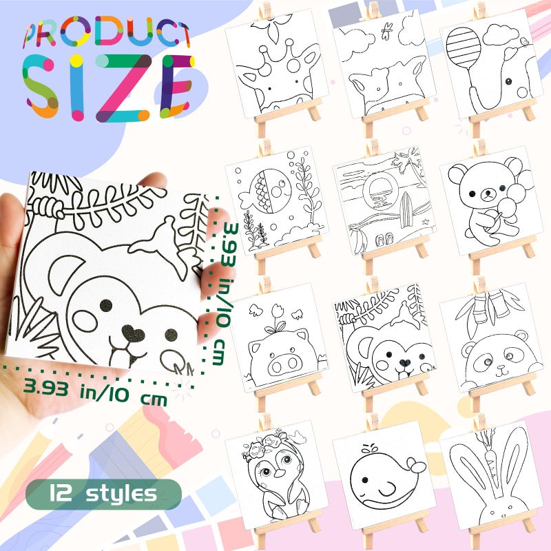 SytuHete 48Pcs 12 Sets Printed Canvas Paint Art 12 Pcs Wooden Easel Set Paint Pots And Brushes And 12 Pre Drawn Canvas Panel 12 Pcs Mini Apron And Tote Bag For Kids(Dainty) - Image 2