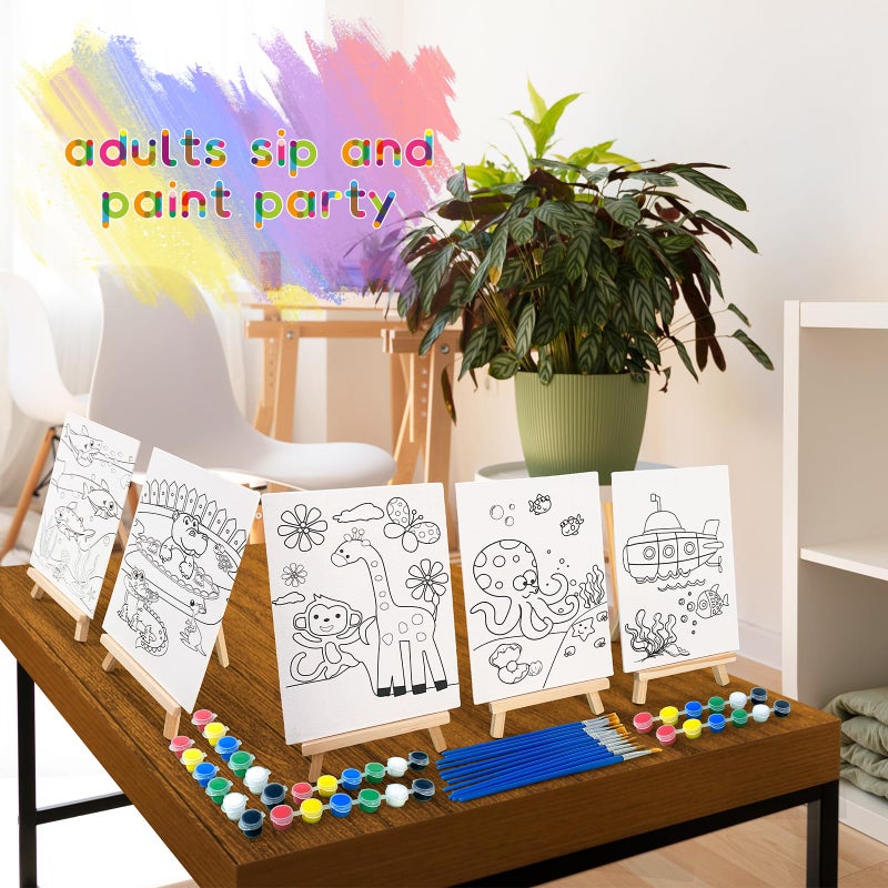 SytuHete 48Pcs 12 Sets Printed Canvas Paint Art 12 Pcs Wooden Easel Set Paint Pots And Brushes And 12 Pre Drawn Canvas Panel 12 Pcs Mini Apron And Tote Bag For Kids(Dainty) - Image 5