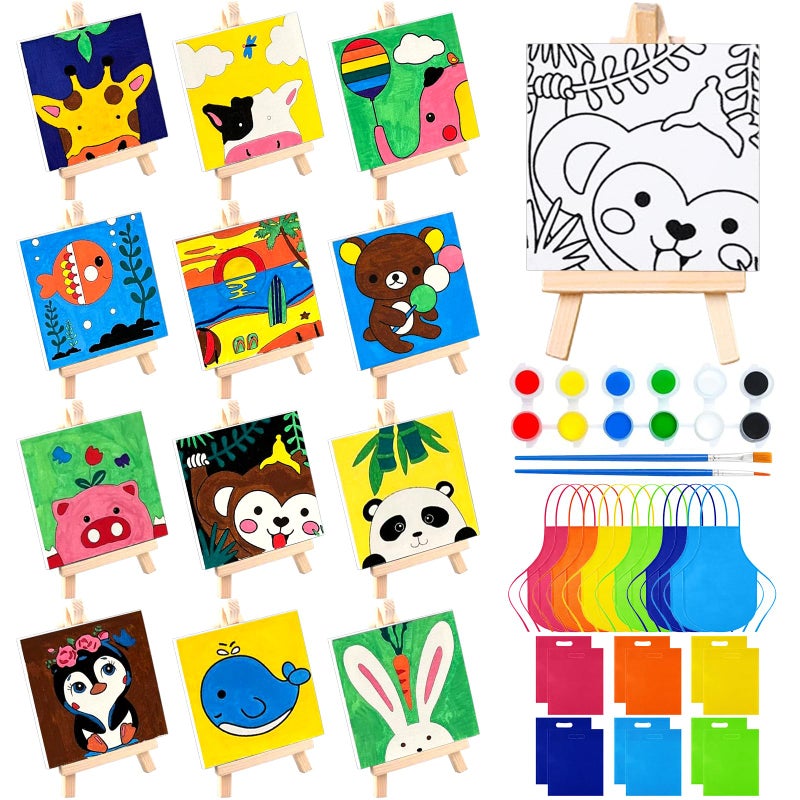 SytuHete 48Pcs 12 Sets Printed Canvas Paint Art 12 Pcs Wooden Easel Set Paint Pots And Brushes And 12 Pre Drawn Canvas Panel 12 Pcs Mini Apron And Tote Bag For Kids(Dainty) - Image 1