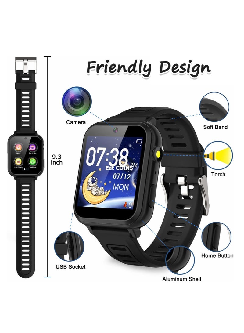 ساعة ذكية للأطفال، ساعة ألعاب ذكية مع 24 لعبة، شاشة تعمل باللمس عالية الدقة، فيديو، كاميرا، مشغل موسيقى، عداد الخطى، مصباح يدوي، ساعة منبه، ساعات أطفال للأولاد والبنات من 5-12 سنة (أسود) - Image 4