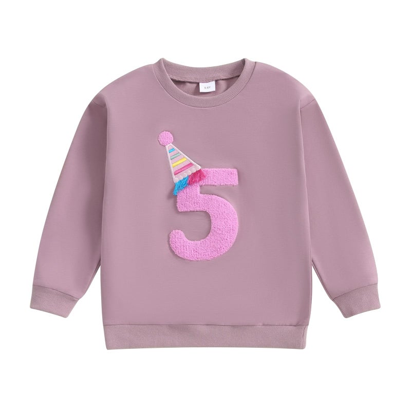 Lamuusaa Toddler Baby Girl Birthday Outfit Number 1/2/3/4/5/6 Embroidery Sweatshirt Oversized Pullover Shirts, Purple 5, 5-6 Years - Image 1