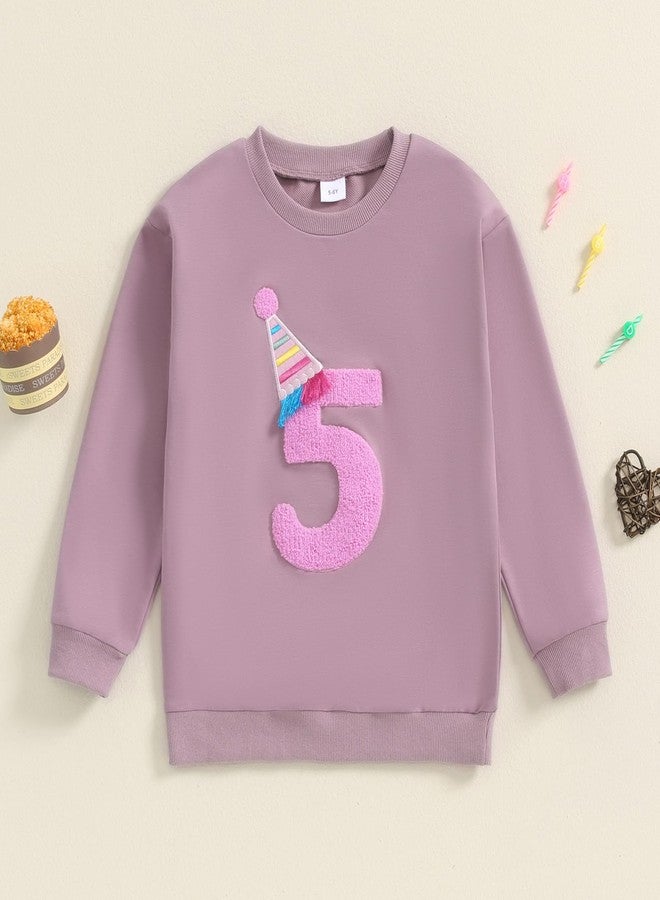Lamuusaa Toddler Baby Girl Birthday Outfit Number 1/2/3/4/5/6 Embroidery Sweatshirt Oversized Pullover Shirts, Purple 5, 5-6 Years - Image 4