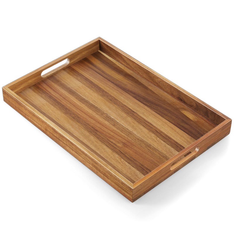 dreamkey 17 Inch Acacia Wood Serving Tray with Handles - Large Wooden Tray for Ottoman, Breakfast in Bed, Dinner, Coffee Table - Decorative Rectangular Tray for Living Room Bedroom Entryway and Kitchen - Image 1