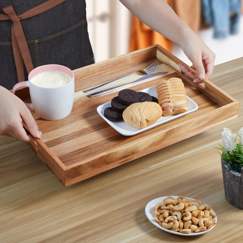 dreamkey 17 Inch Acacia Wood Serving Tray with Handles - Large Wooden Tray for Ottoman, Breakfast in Bed, Dinner, Coffee Table - Decorative Rectangular Tray for Living Room Bedroom Entryway and Kitchen - Image 5