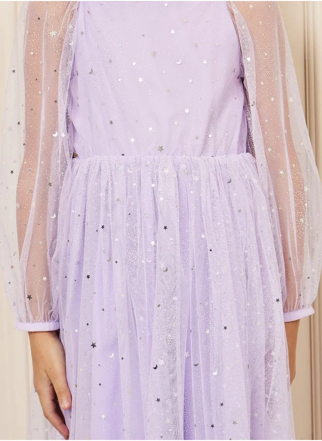 Styli Star Print Mesh Layer A-line Dress