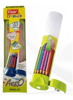 Flair FLAIR Creative Series Aero Pencil Smart Kit | Colourful 2B Lead Pencils | Fun & Functional Box | Stationery Kit Ideal For Gifting | Set Of 10 Wooden Pencils, 1 Eraser & 1 In-Built Sharpener. Green  - Image 1