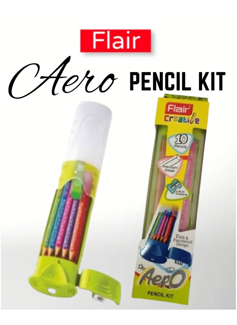 Flair - FLAIR Creative Series Aero Pencil Smart Kit | Colourful 2B Lead Pencils | Fun & Functional Box | Stationery Kit Ideal For Gifting | Set Of 10 Wooden Pencils, 1 Eraser & 1 In-Built Sharpener. Green - Image 1