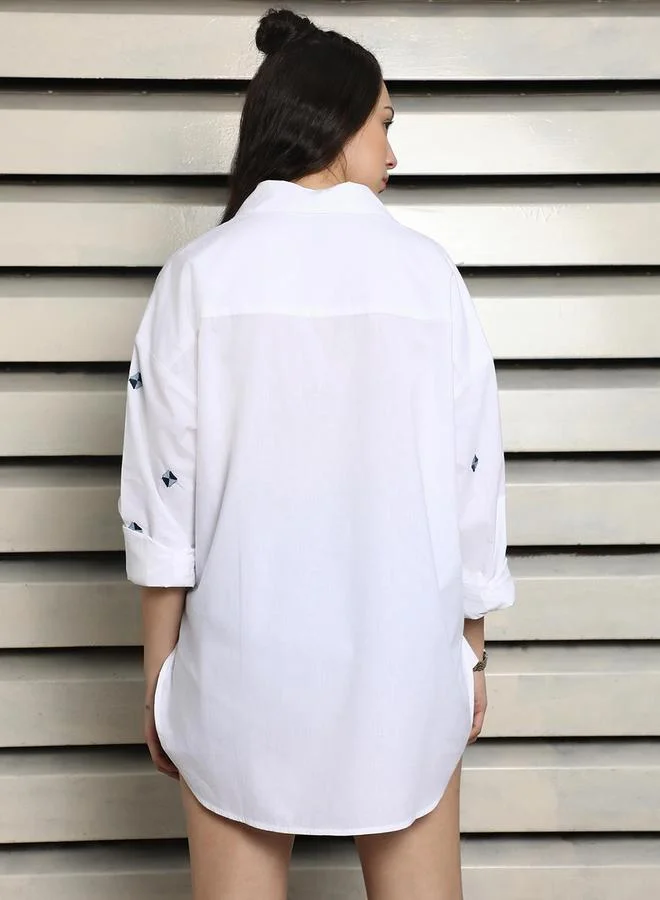 HIGH STAR Women White Embroidered Cotton Oversized Shirt
