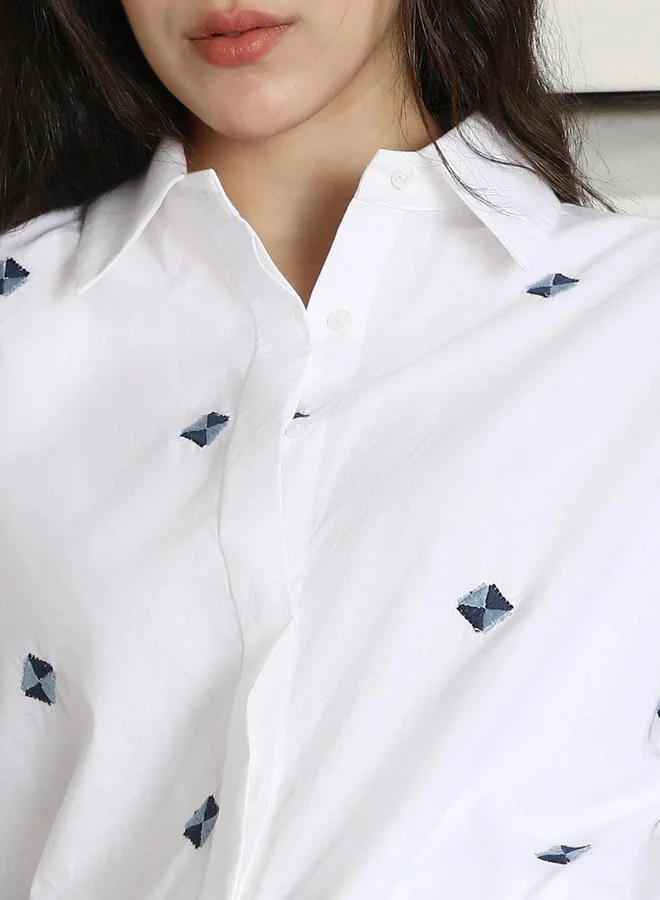 HIGH STAR Women White Embroidered Cotton Oversized Shirt
