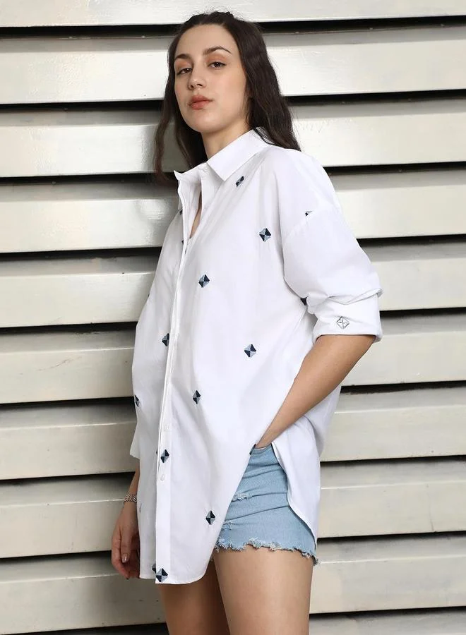 HIGH STAR Women White Embroidered Cotton Oversized Shirt