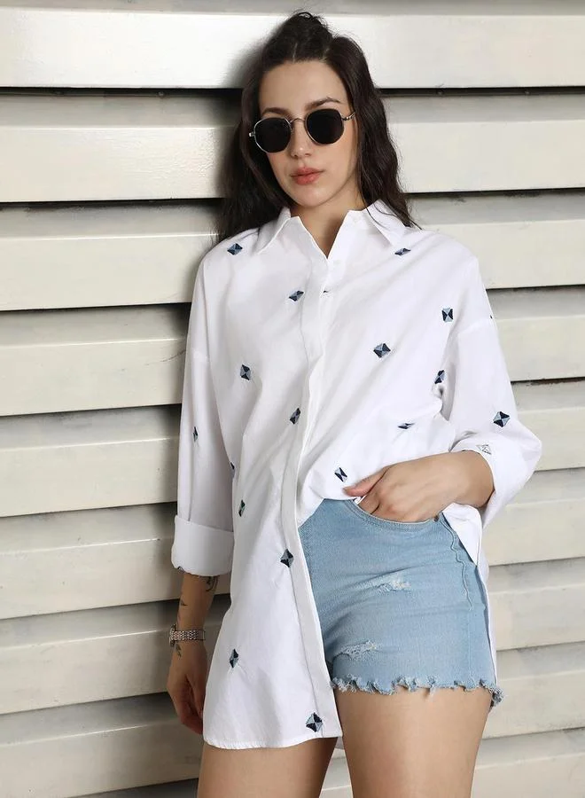 HIGH STAR Women White Embroidered Cotton Oversized Shirt