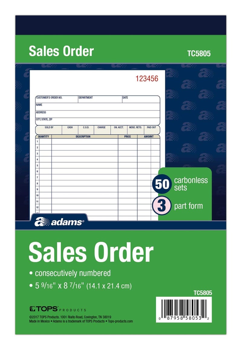 Adams Sales Order Book, 3-Part Carbonless, White/Canary/Pink, 5-9/16" x 8-7/16", 50 Sets (TC5805) - Image 1