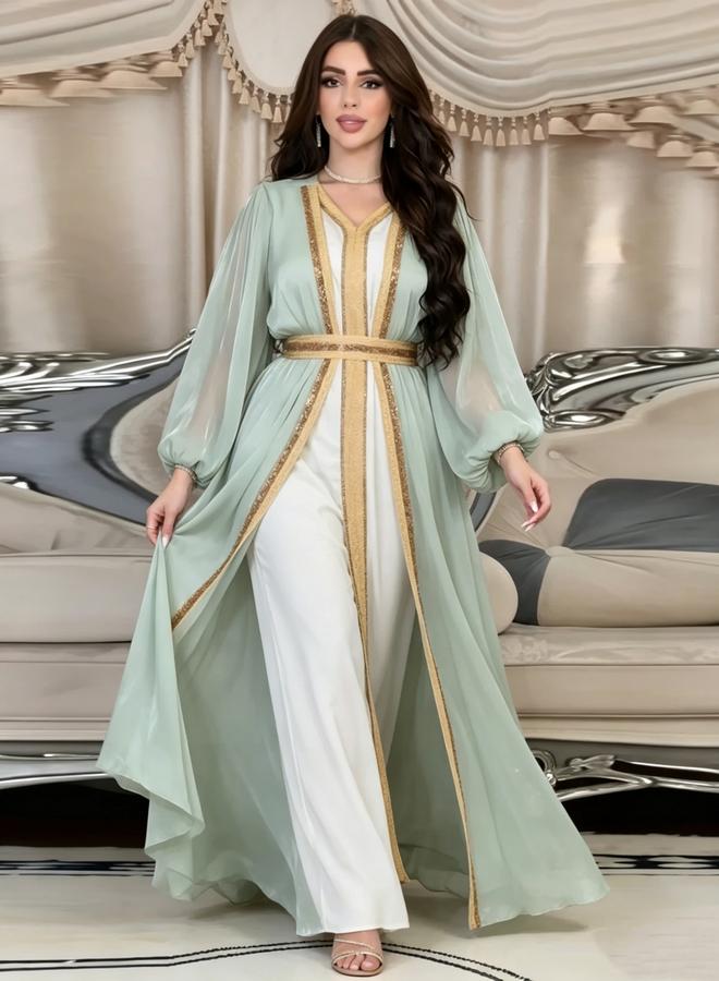 Take Two Elegant Green Embellished Dress with Kimono Set - Image 3