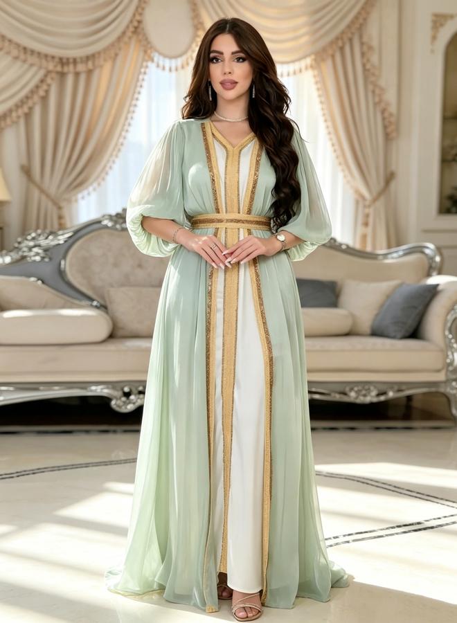 Take Two Elegant Green Embellished Dress with Kimono Set - Image 4