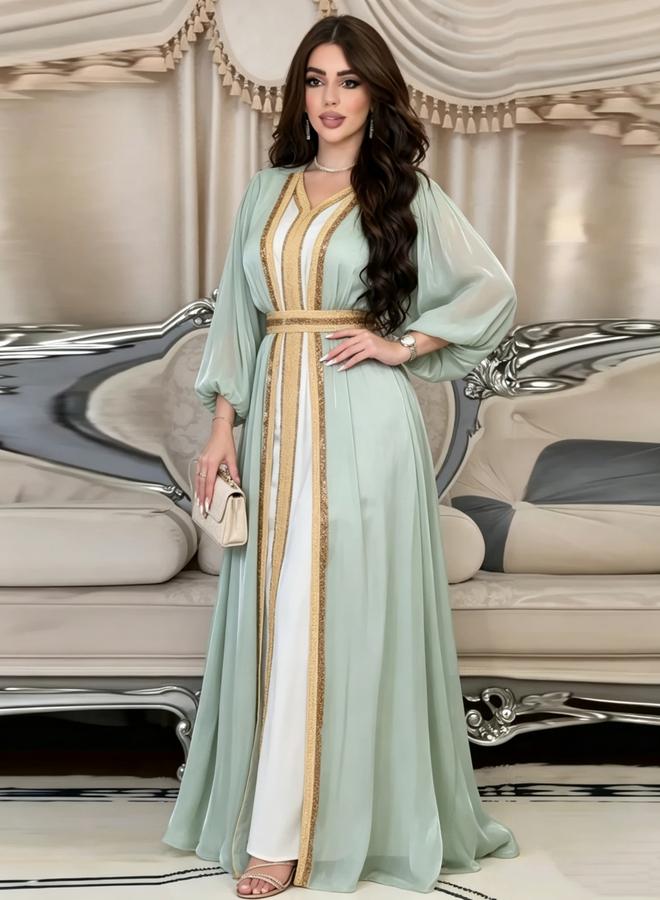 Take Two Elegant Green Embellished Dress with Kimono Set - Image 1