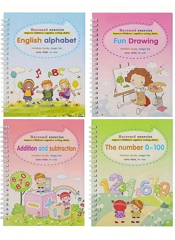 4-Books Handwriting Practice for Learning to Copy English Letters and Numbers, Addition and Subtraction, Fun Drawing for Toddlers, Reusable for Preschoolers to Practice Pen Control and Handwriting.