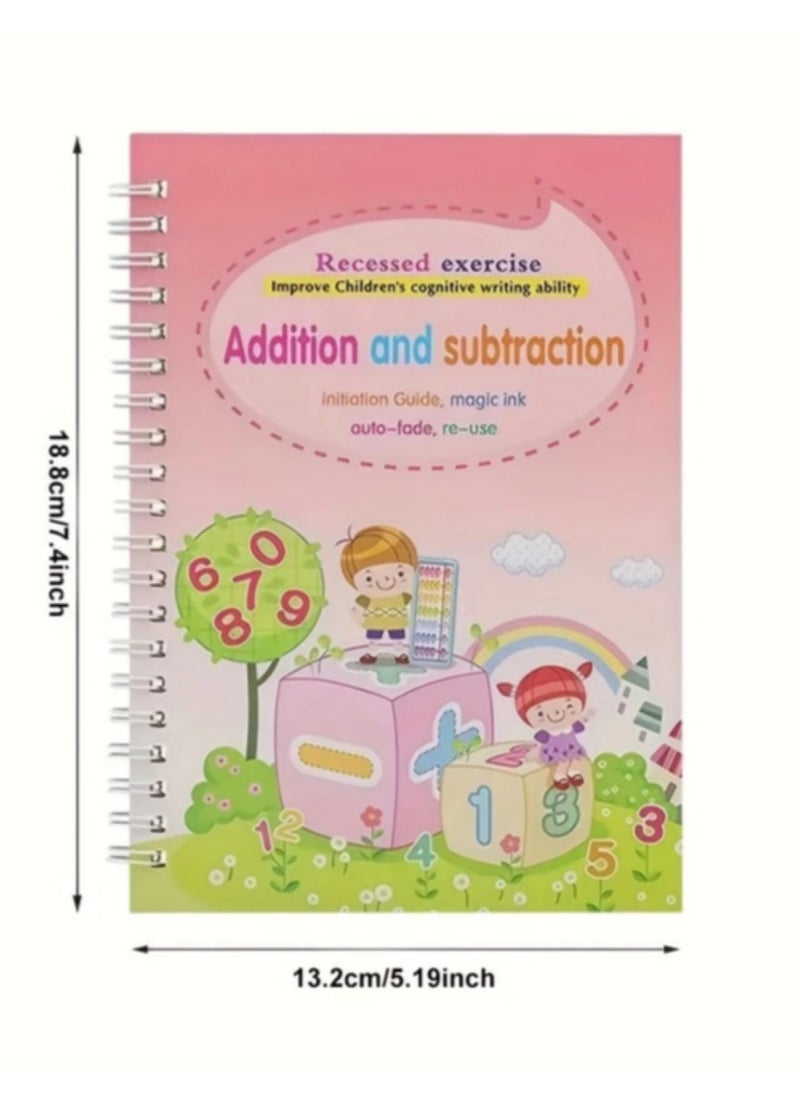 4-Books Handwriting Practice for Learning to Copy English Letters and Numbers, Addition and Subtraction, Fun Drawing for Toddlers, Reusable for Preschoolers to Practice Pen Control and Handwriting.