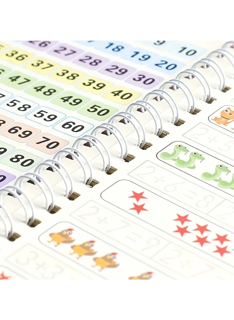 4-Books Handwriting Practice for Learning to Copy English Letters and Numbers, Addition and Subtraction, Fun Drawing for Toddlers, Reusable for Preschoolers to Practice Pen Control and Handwriting.