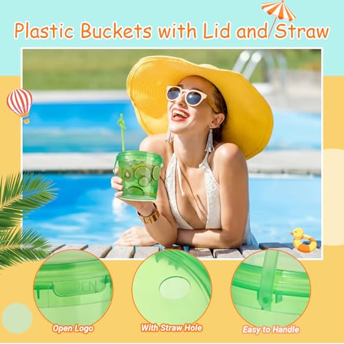 Funnymoom 24 Pack Plastic Rum Buckets for Drinks with Straws Ice Cream Cocktail Bucket with Lids and Handles Reusable Food Containers Cup (32 Oz/25 oz,Orange,Pink,Green,Blue) - Image 3