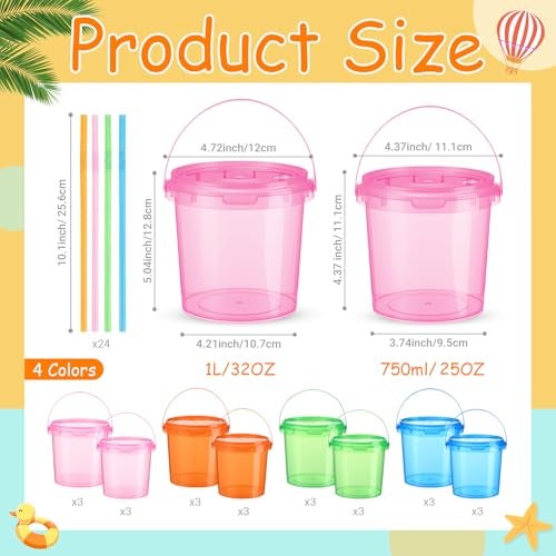 Funnymoom 24 Pack Plastic Rum Buckets for Drinks with Straws Ice Cream Cocktail Bucket with Lids and Handles Reusable Food Containers Cup (32 Oz/25 oz,Orange,Pink,Green,Blue) - Image 2