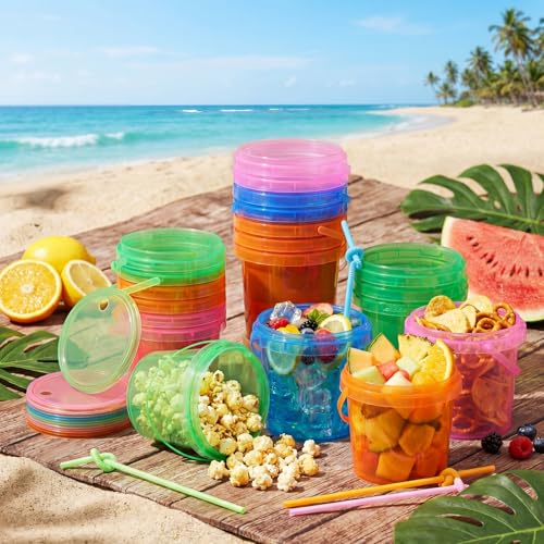 Funnymoom 24 Pack Plastic Rum Buckets for Drinks with Straws Ice Cream Cocktail Bucket with Lids and Handles Reusable Food Containers Cup (32 Oz/25 oz,Orange,Pink,Green,Blue) - Image 4