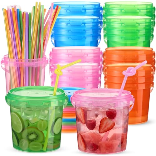 Funnymoom 24 Pack Plastic Rum Buckets for Drinks with Straws Ice Cream Cocktail Bucket with Lids and Handles Reusable Food Containers Cup (32 Oz/25 oz,Orange,Pink,Green,Blue) - Image 1