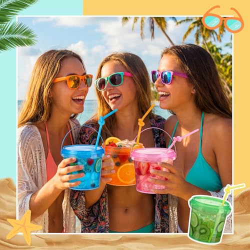 Funnymoom 24 Pack Plastic Rum Buckets for Drinks with Straws Ice Cream Cocktail Bucket with Lids and Handles Reusable Food Containers Cup (32 Oz/25 oz,Orange,Pink,Green,Blue) - Image 5